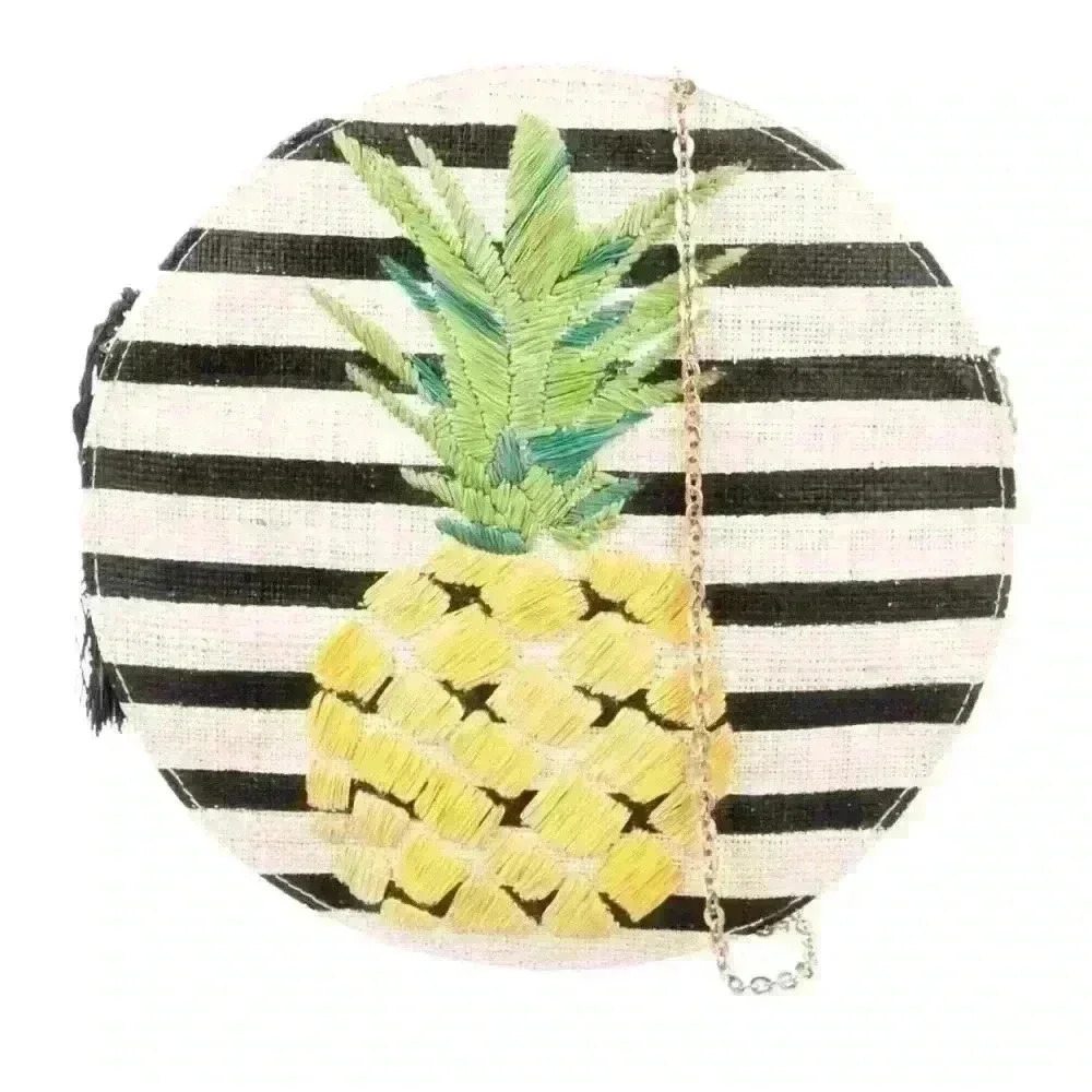 Kayu round straw striped pineapple purse with tassel & chain strap with dust bag - Picture 3 of 11